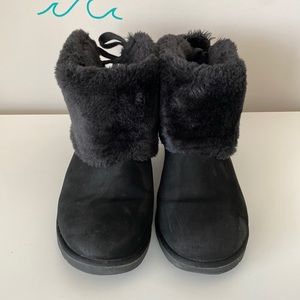 UGG black suede booties with tie detail